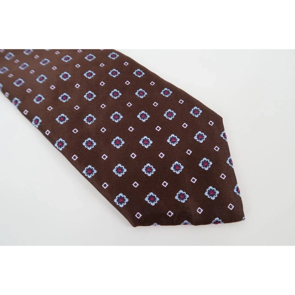 Isaia Napoli Silk Tie Mens OS Brown Blue Floral Geometric 7-Fold Handmade Italy - Picture 4 of 10